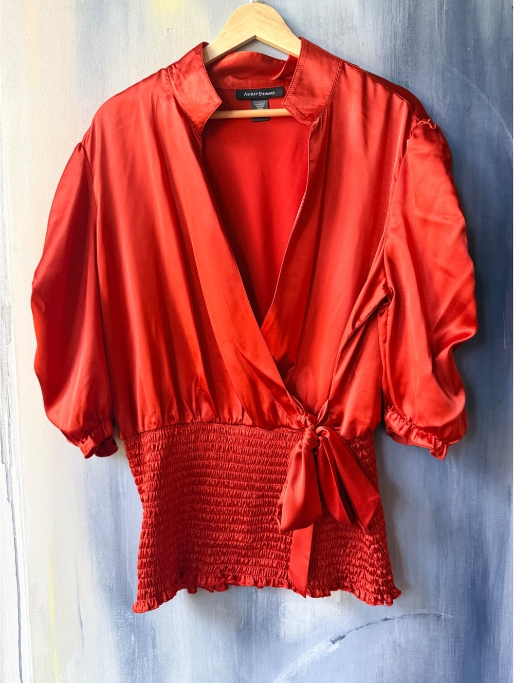 Ashley Stewart Poppy Red Orange Satin Wrap Blouse 14W